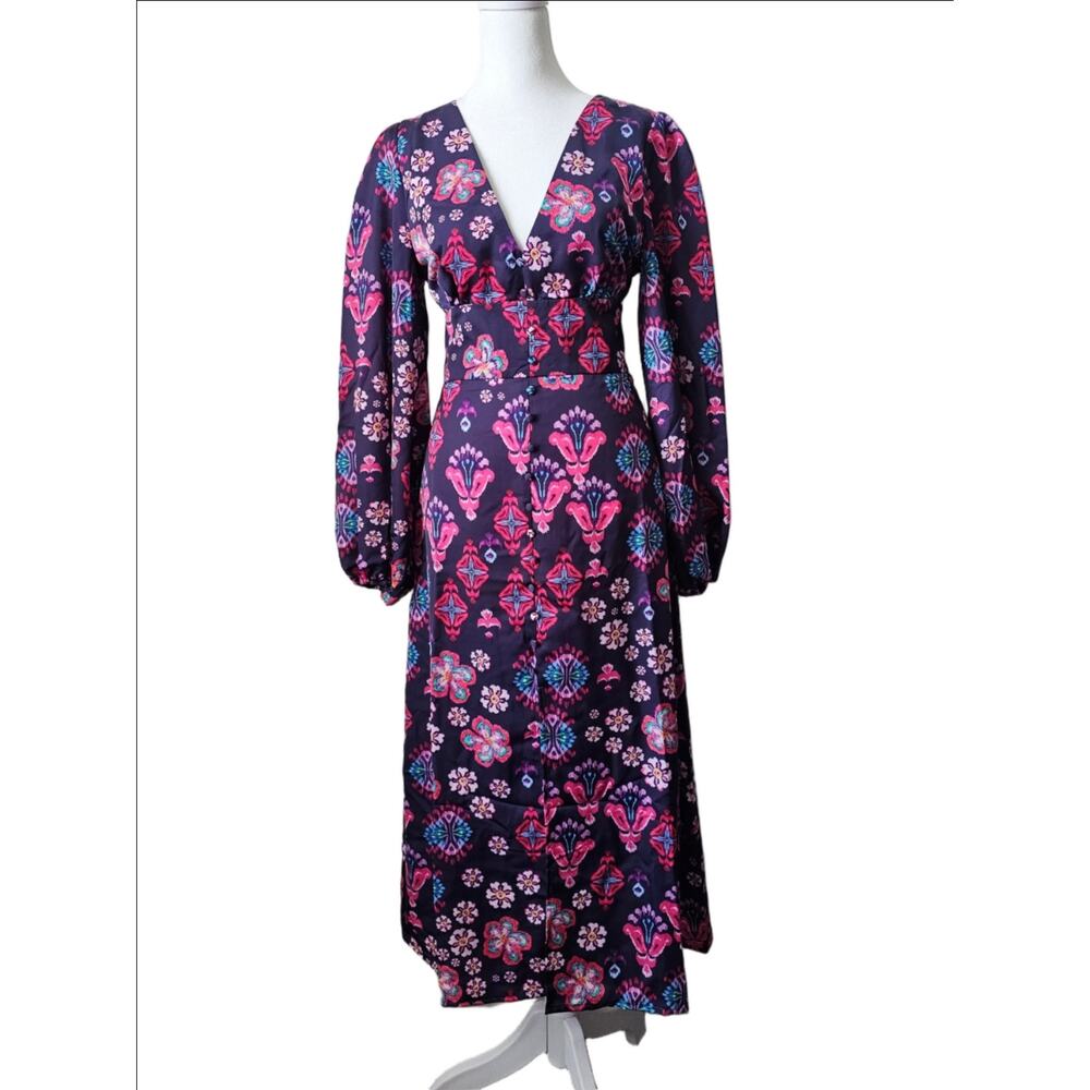 Venus Floral Deep V Neck Long Sleeve Maxi Dress Size 4